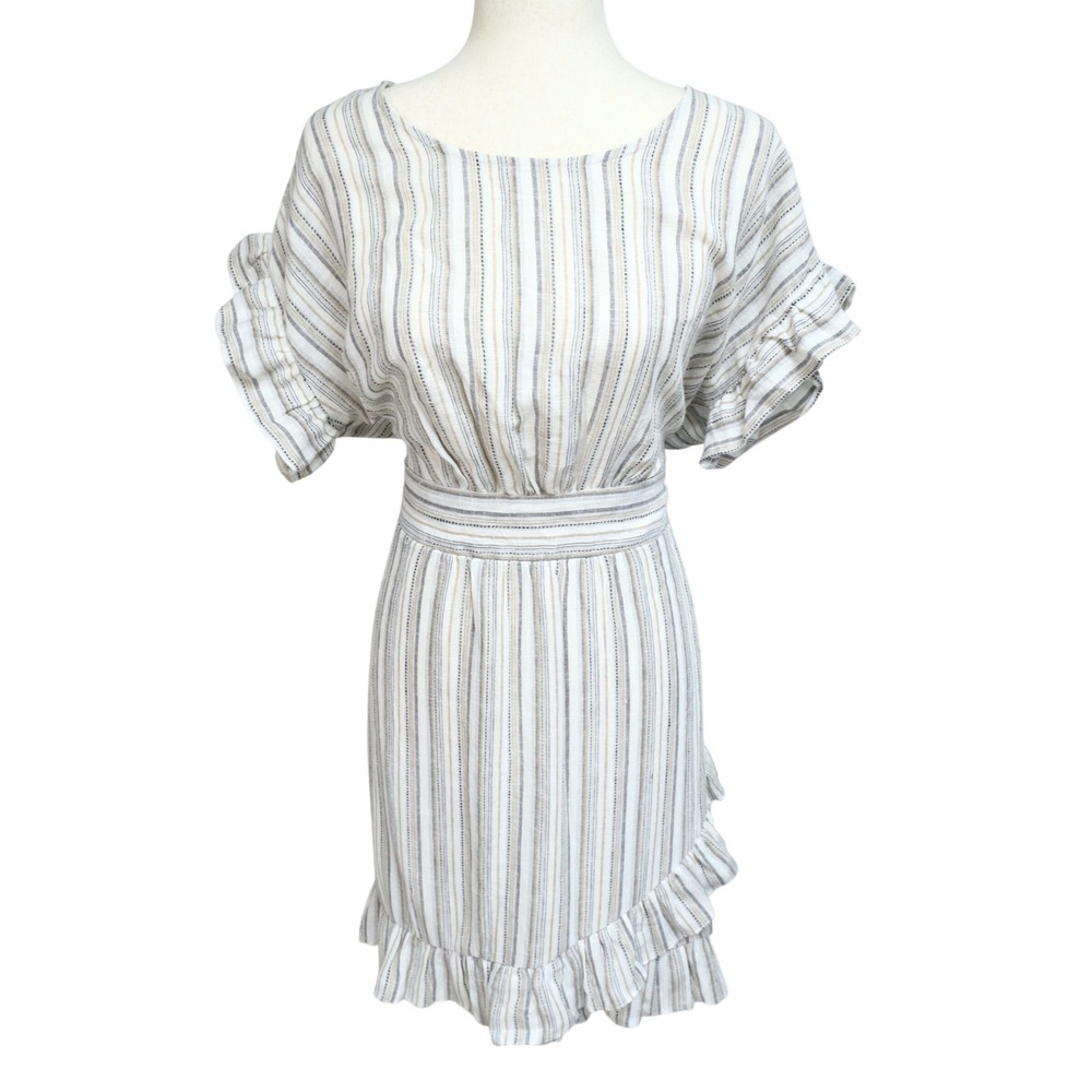 Ava James Linen Blend Asymmetric Ruffle Dress XL Cream Belted Coastal Neutral